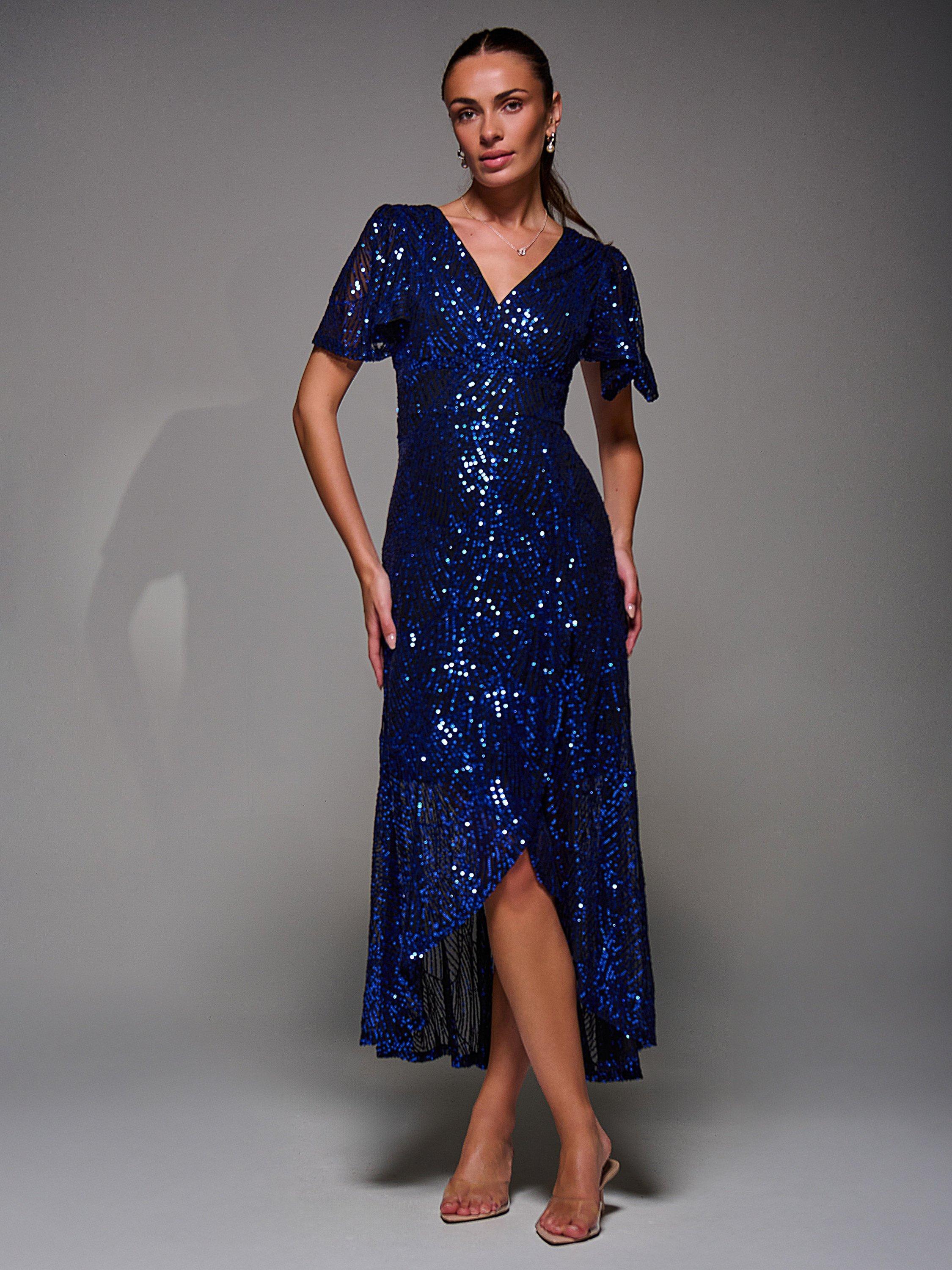 Jolie Moi Angel Sleeve Sequin Dress, Black Royal Blue