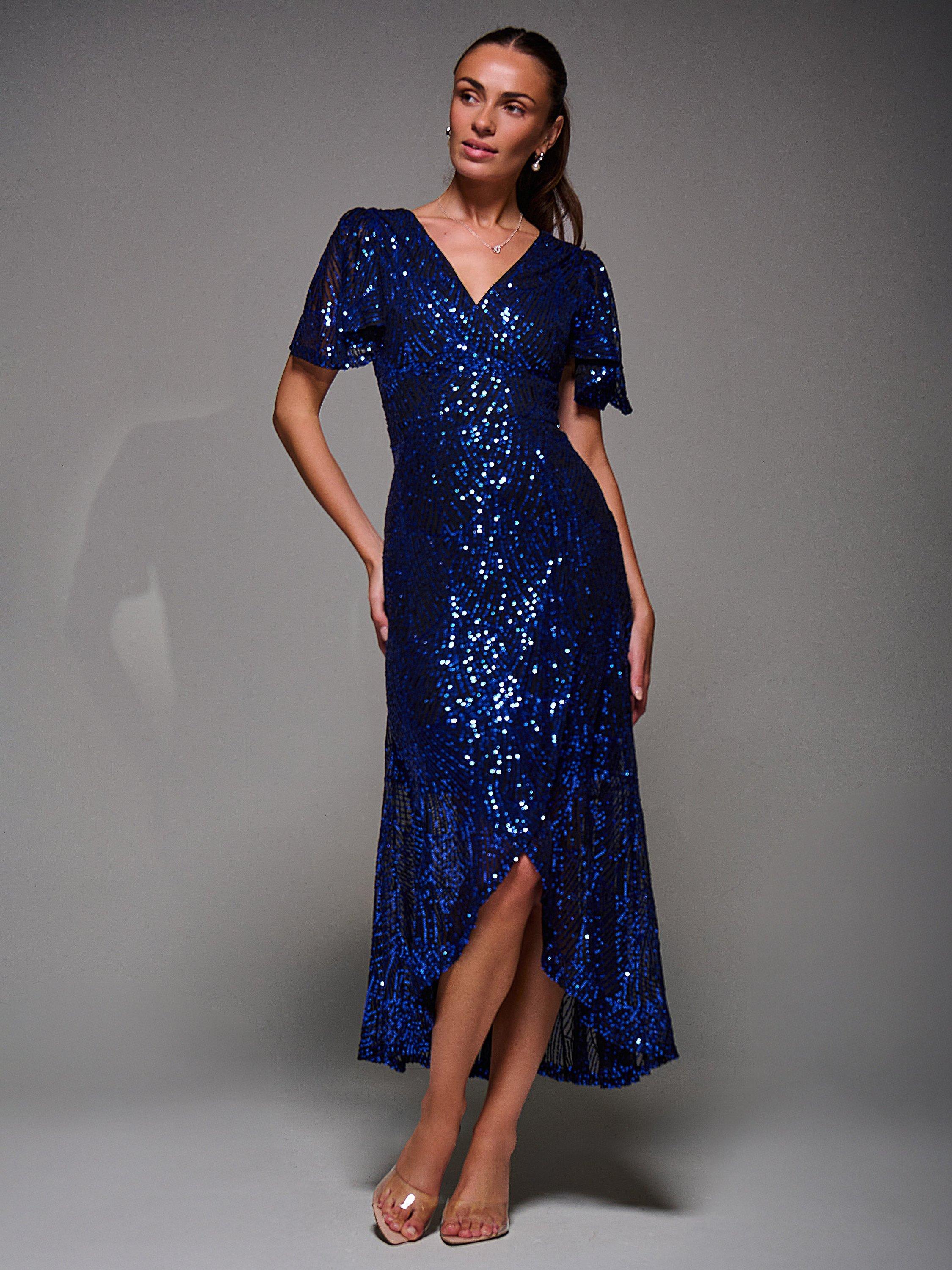Jolie Moi Angel Sleeve Sequin Dress, Black Royal Blue