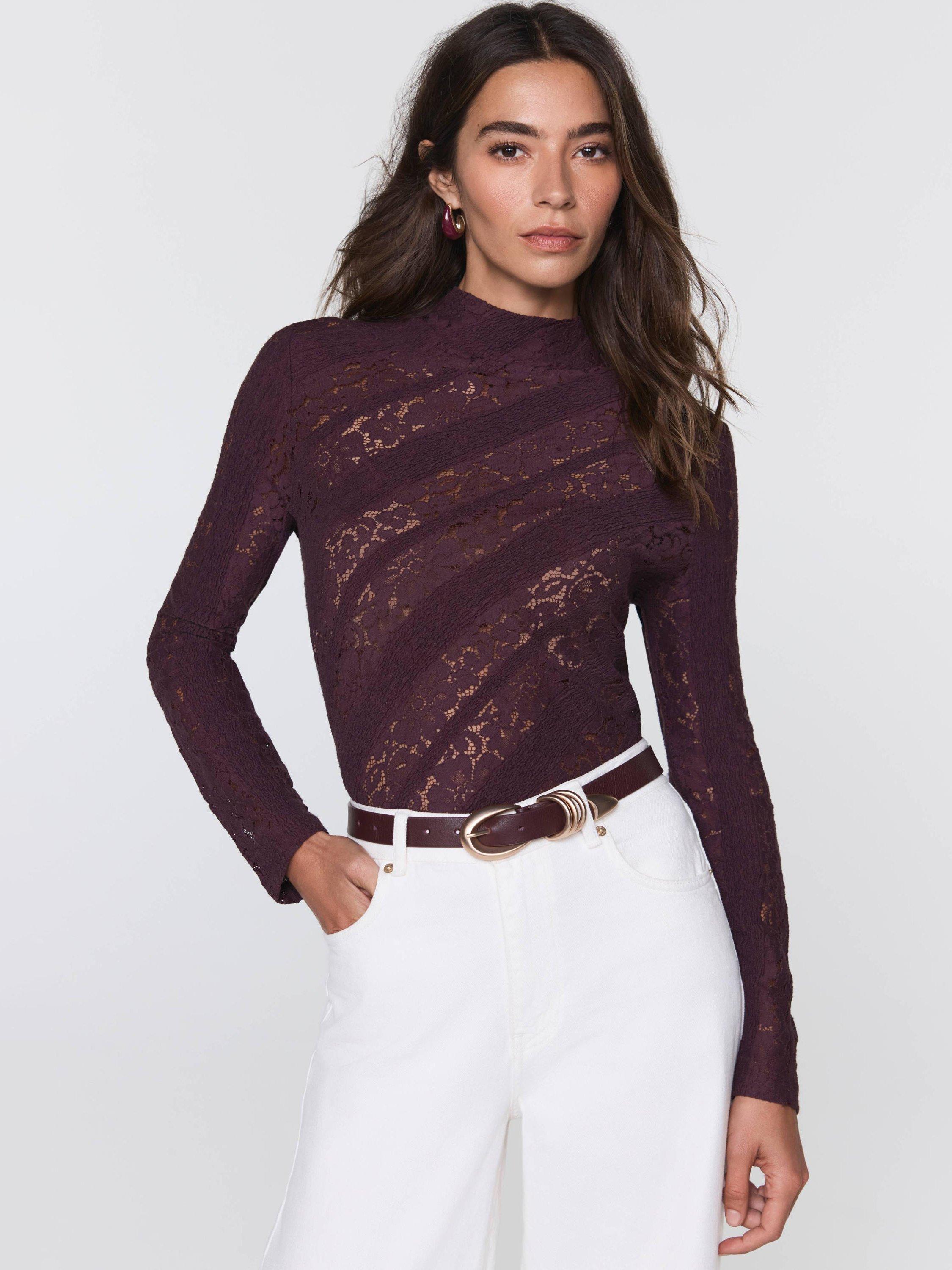 Mint Velvet Crinkle Lace Top, Red Burgundy