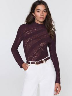 Mint Velvet Crinkle Lace Top, Red Burgundy, Red Burgundy
