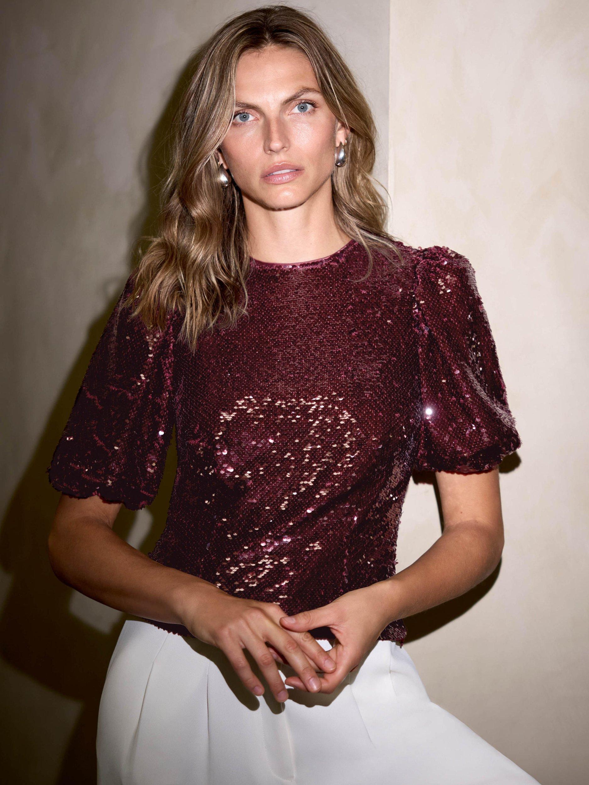 Product image 1 of 8, which shows Mint Velvet Sequin Short Sleeve Top, Red Burgundy, 6