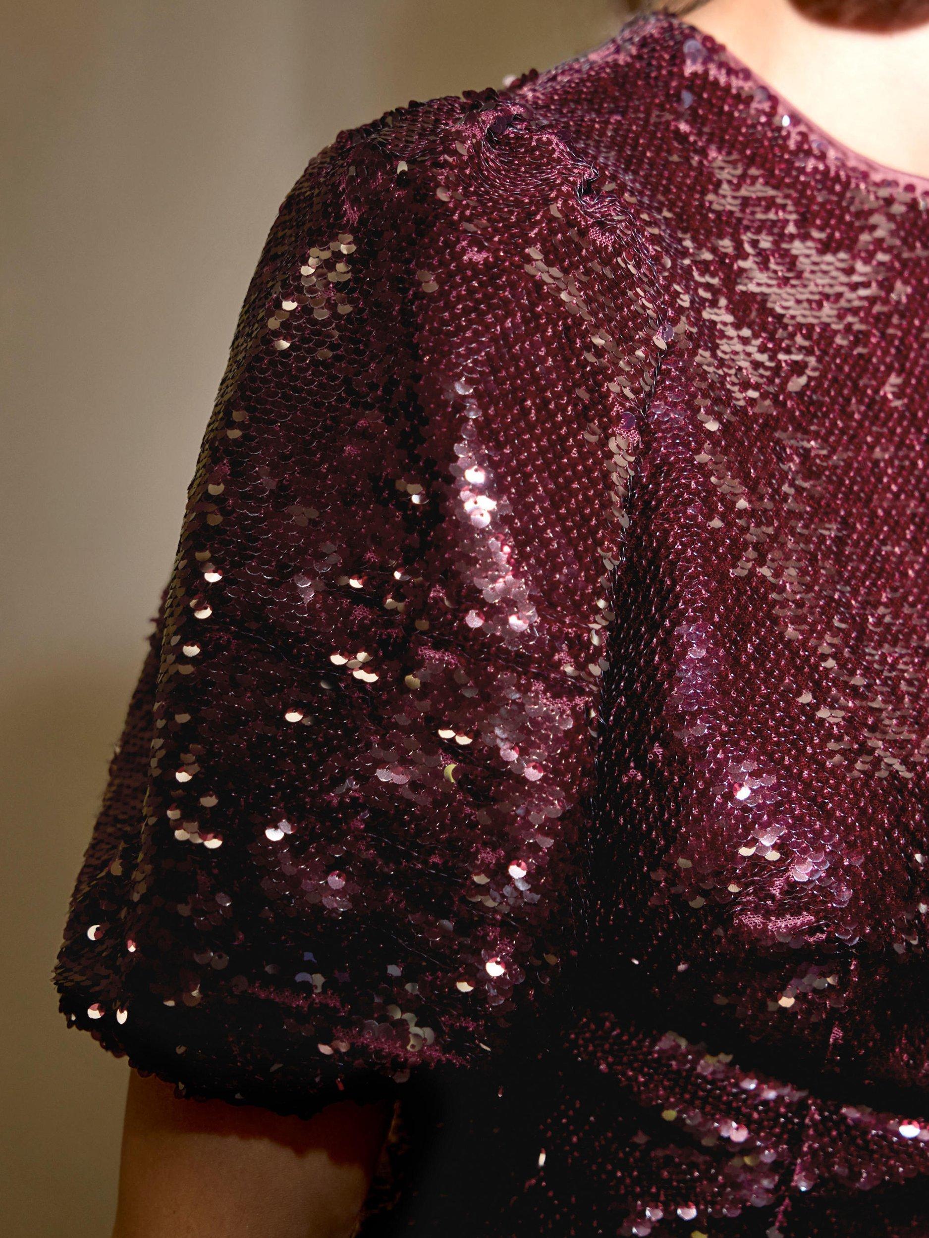 Product image 4 of 8, which shows Mint Velvet Sequin Short Sleeve Top, Red Burgundy, 6