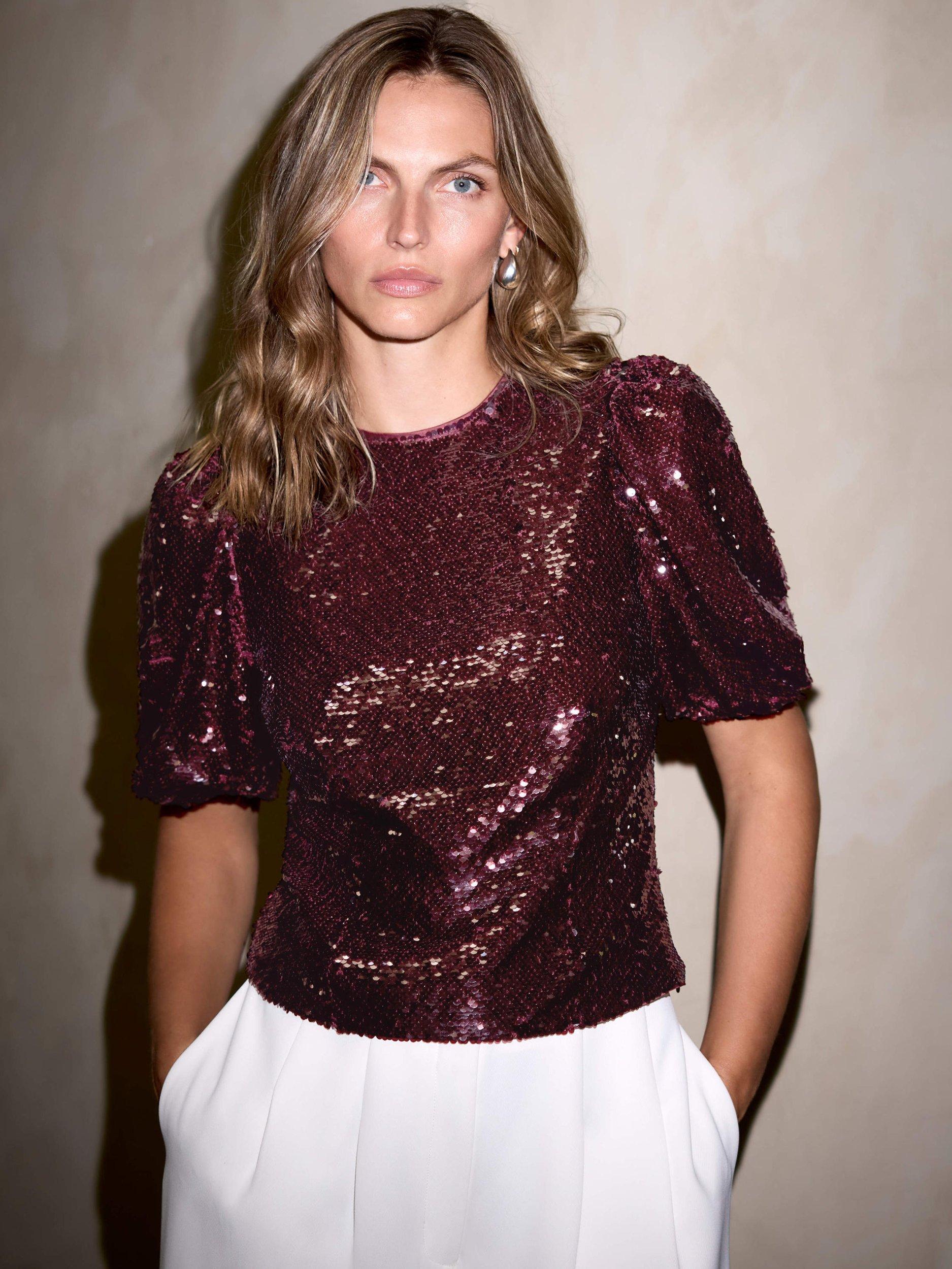 Product image 6 of 8, which shows Mint Velvet Sequin Short Sleeve Top, Red Burgundy, 6