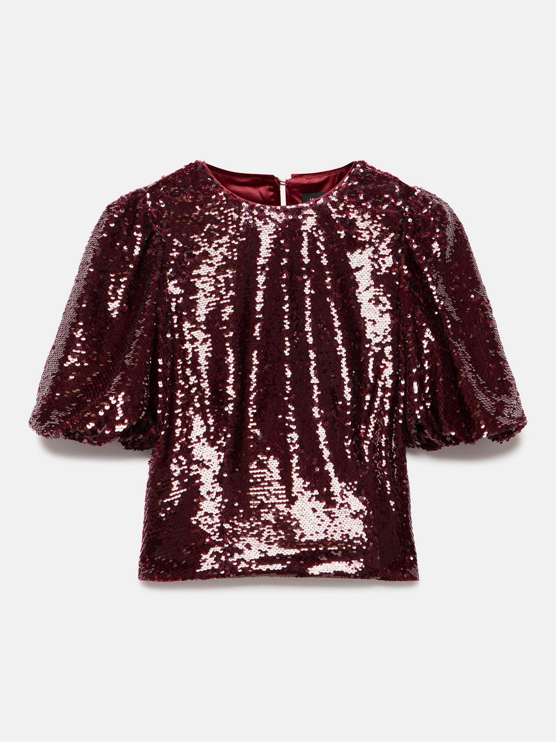 Product image 7 of 8, which shows Mint Velvet Sequin Short Sleeve Top, Red Burgundy, 6