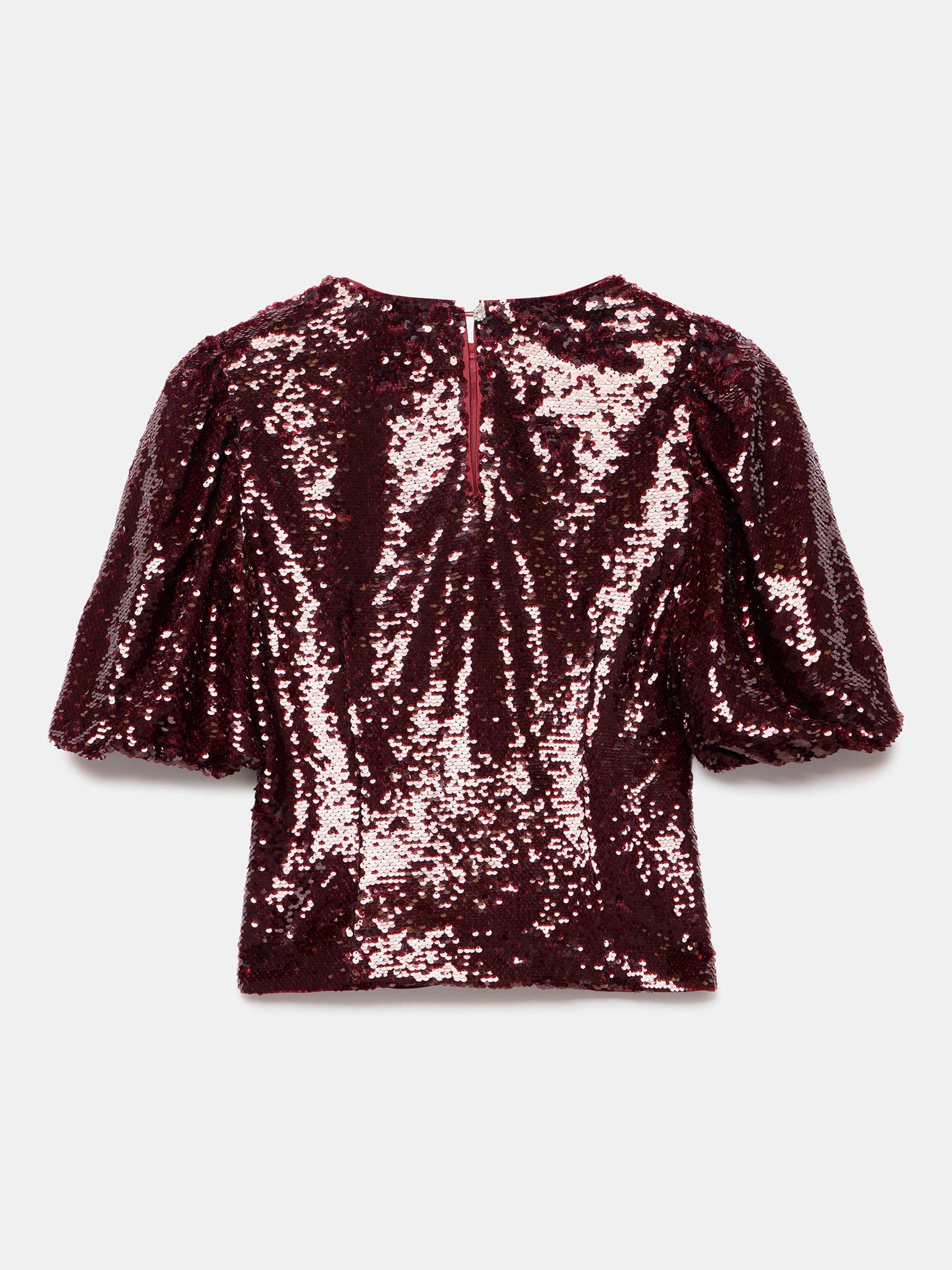 Product image 8 of 8, which shows Mint Velvet Sequin Short Sleeve Top, Red Burgundy, 6