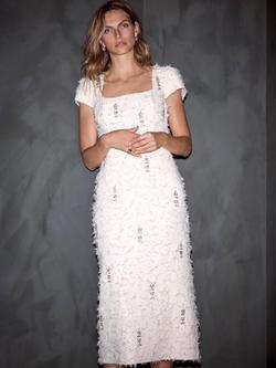 Mint Velvet Embellished Jacquard Midi Dress, White Ivory