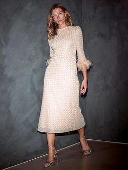 Mint Velvet Embellished Feather Trim Midi Dress, Natural, Natural