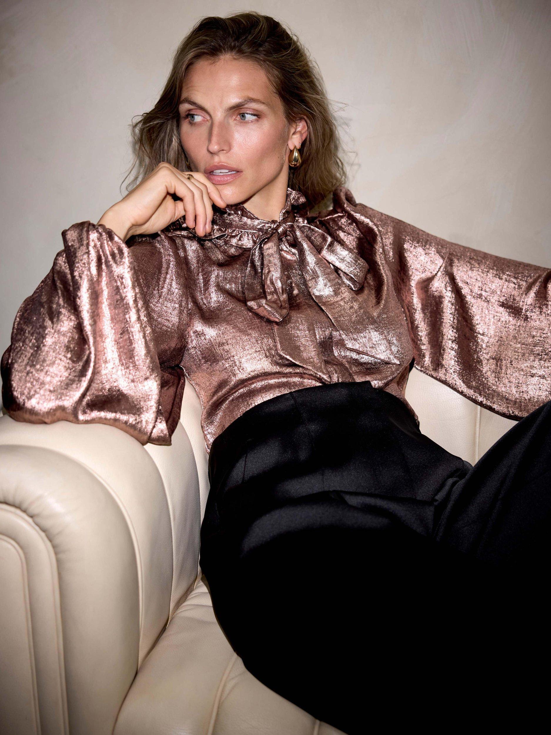 Product image 2 of 8, which shows Mint Velvet Metallic Pussy Bow Blouse, Pink, 8