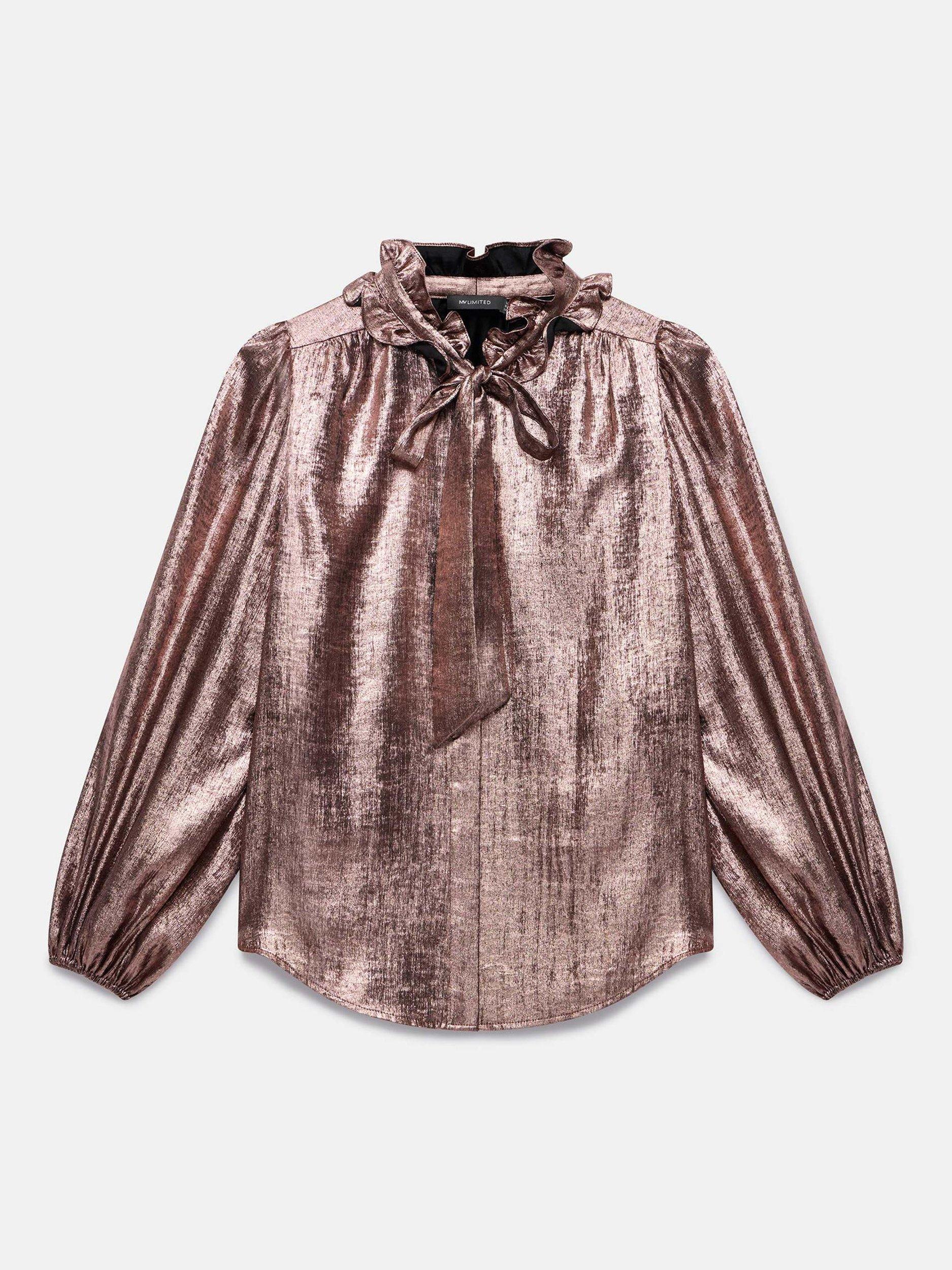 Product image 7 of 8, which shows Mint Velvet Metallic Pussy Bow Blouse, Pink, 8