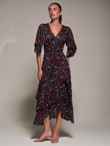 Jolie Moi Frill Trim Mesh Dress, Red Cherry