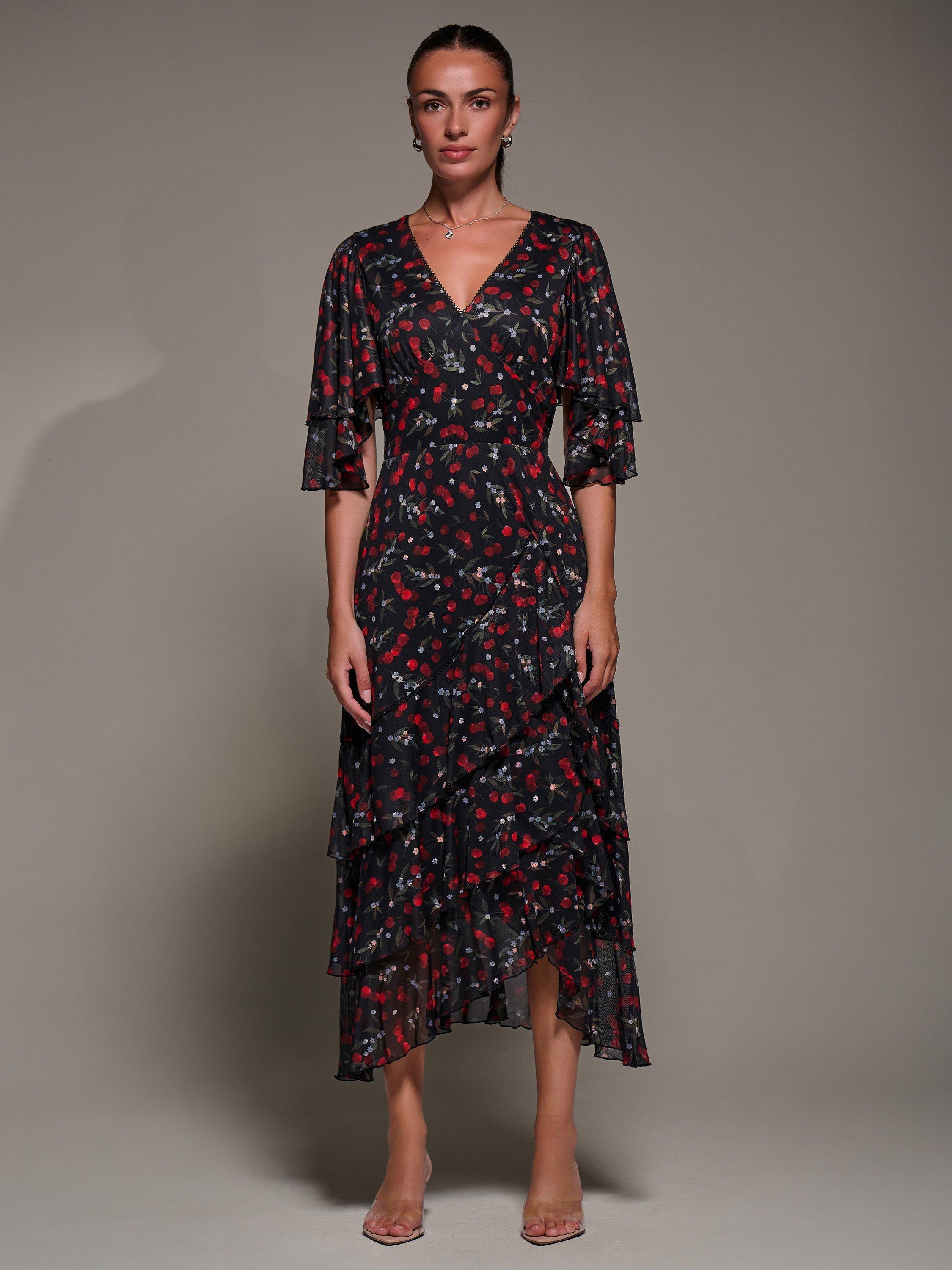 Product image 3 of 8, which shows Jolie Moi Frill Trim Mesh Dress, Red Cherry, 8