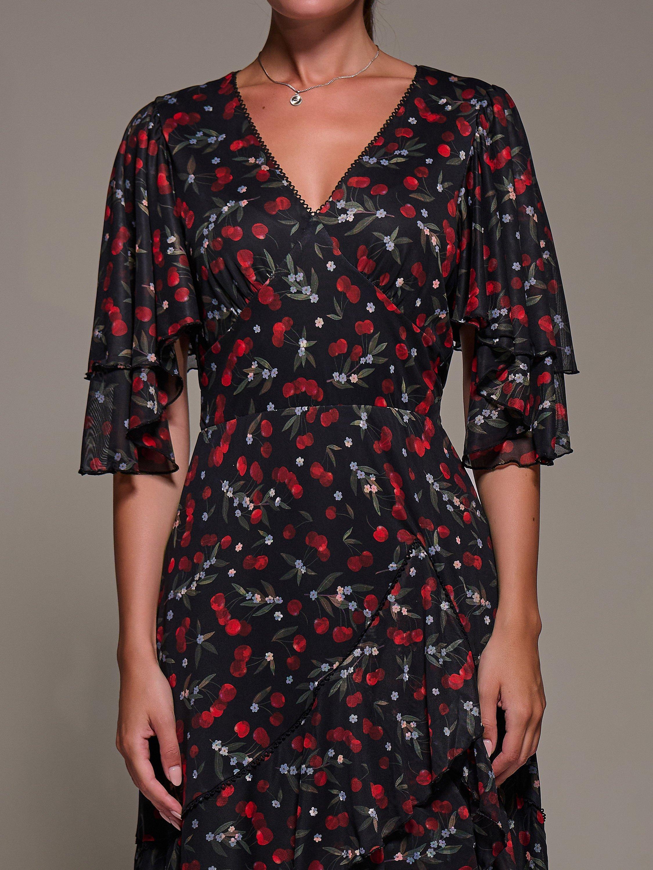 Product image 4 of 8, which shows Jolie Moi Frill Trim Mesh Dress, Red Cherry, 8