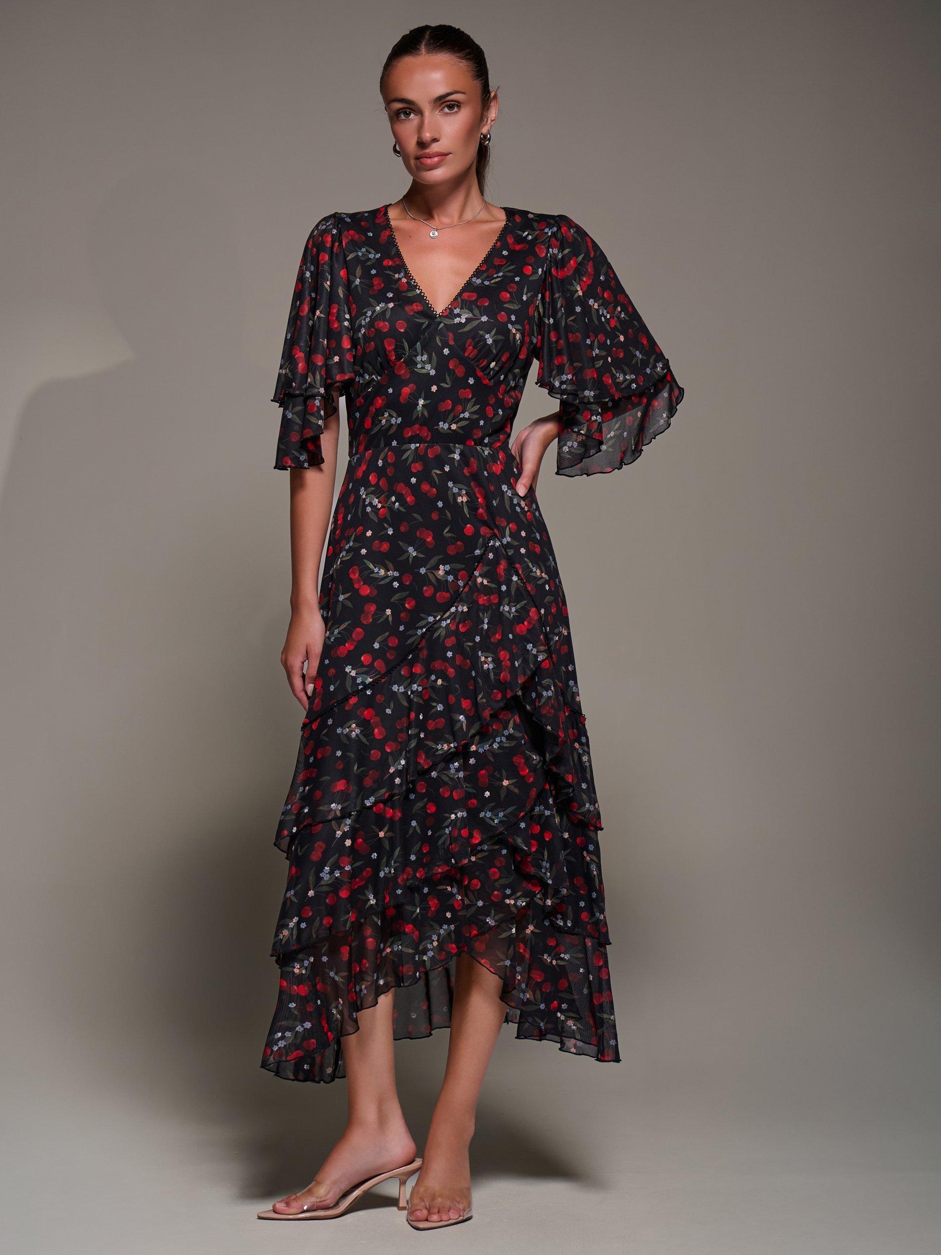 Product image 5 of 8, which shows Jolie Moi Frill Trim Mesh Dress, Red Cherry, 8