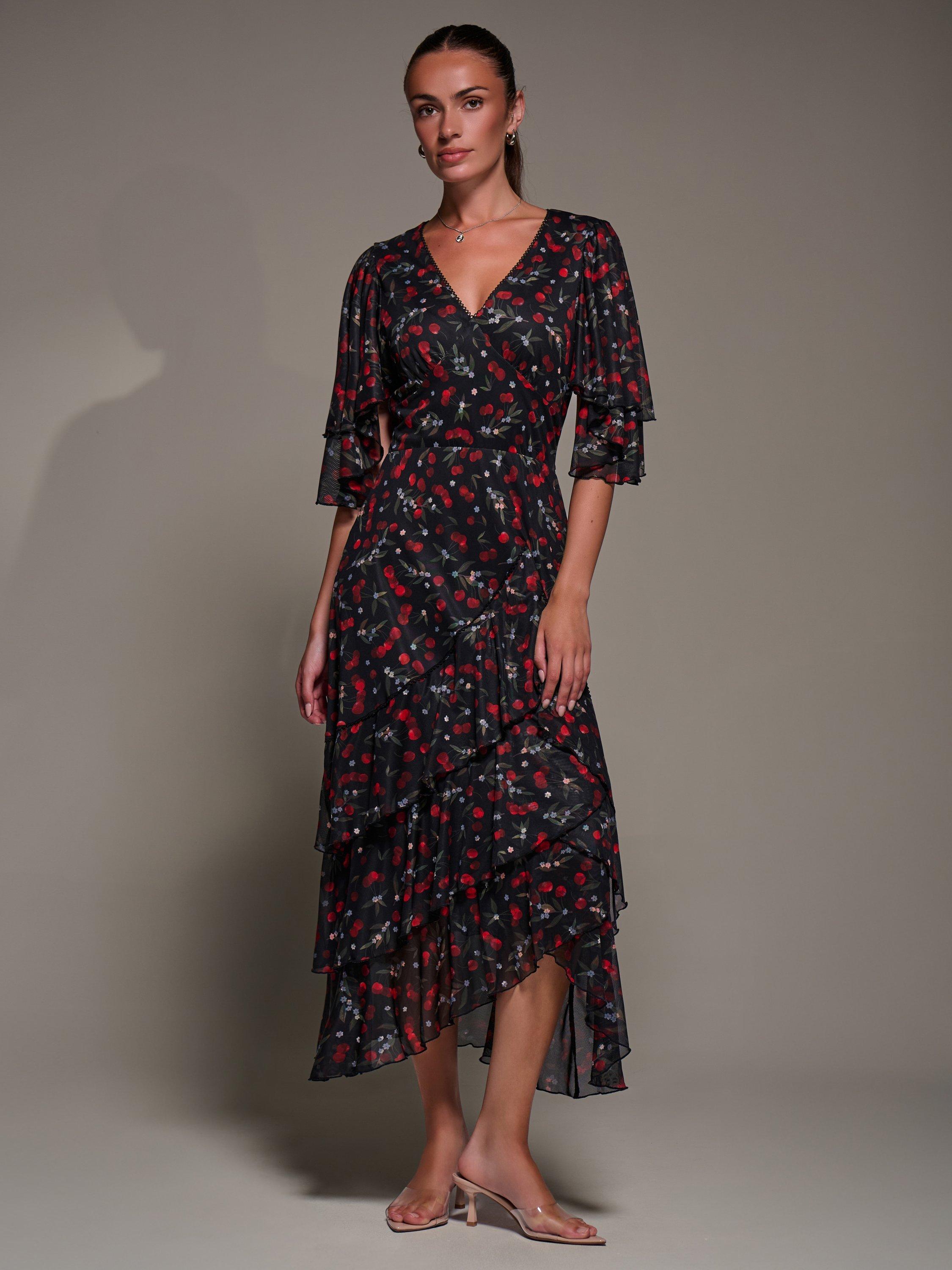 Product image 8 of 8, which shows Jolie Moi Frill Trim Mesh Dress, Red Cherry, 8