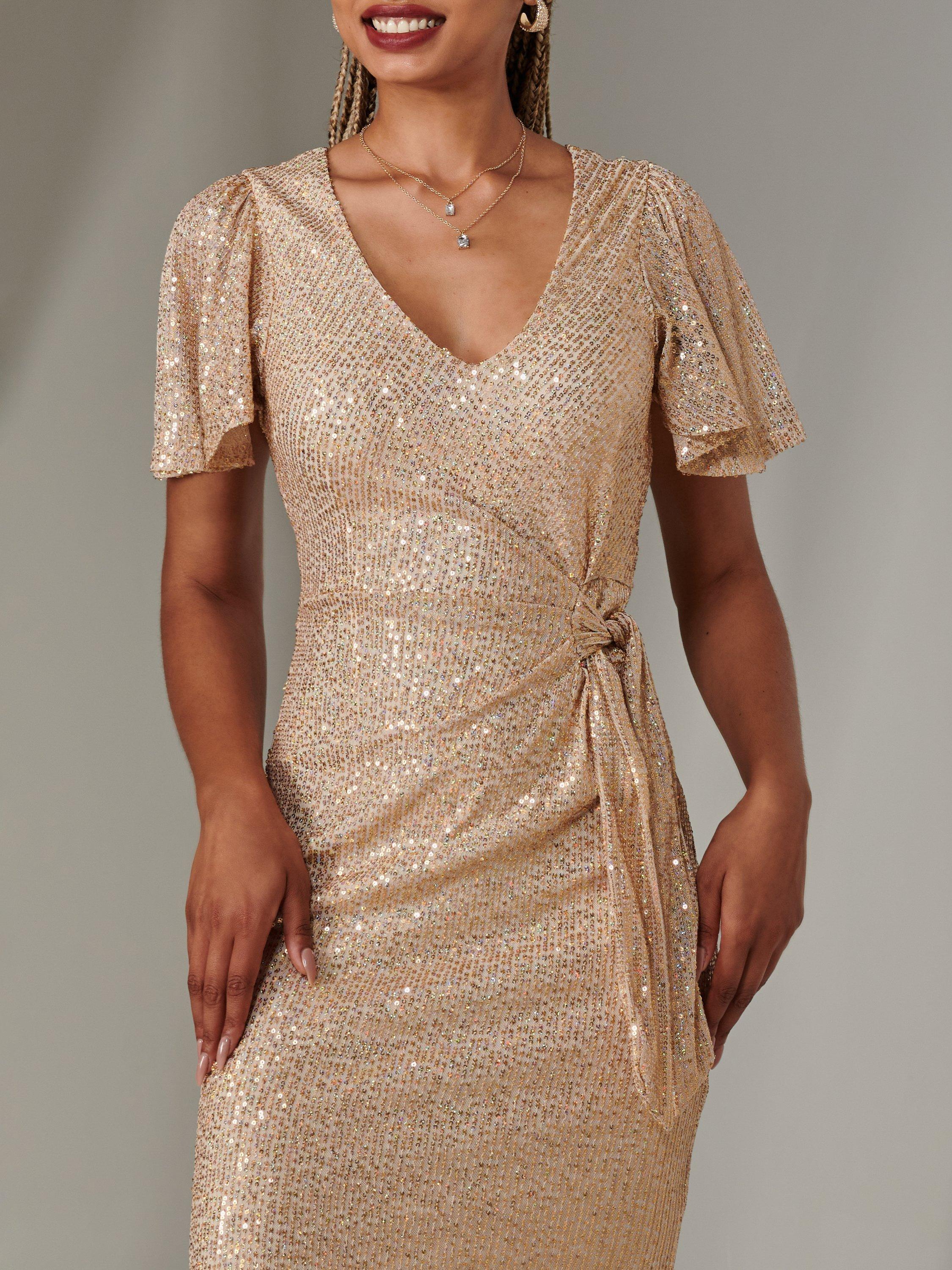 Product image 4 of 8, which shows Jolie Moi Side Tie Sequin Dress, Gold, 8