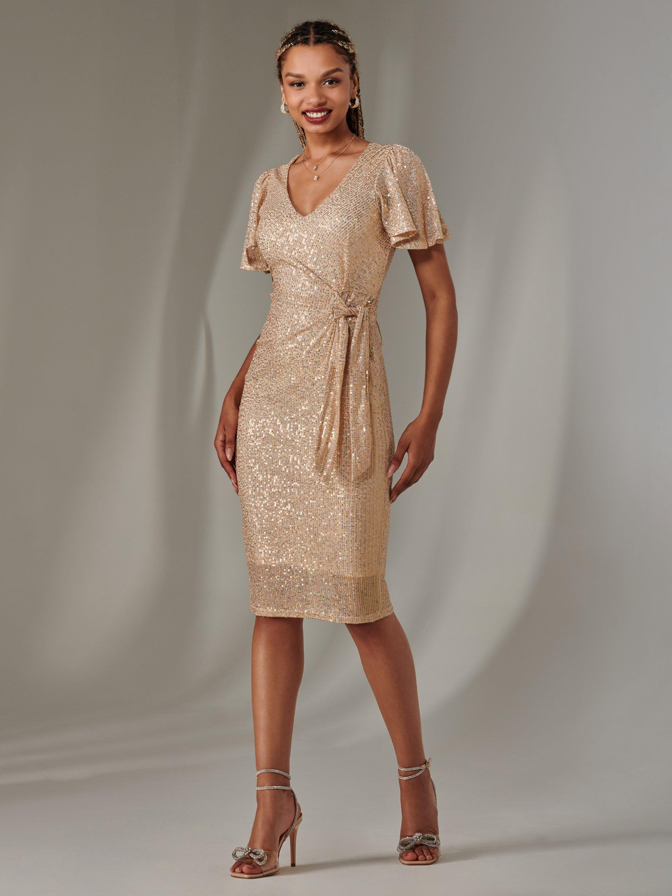 Product image 6 of 8, which shows Jolie Moi Side Tie Sequin Dress, Gold, 8