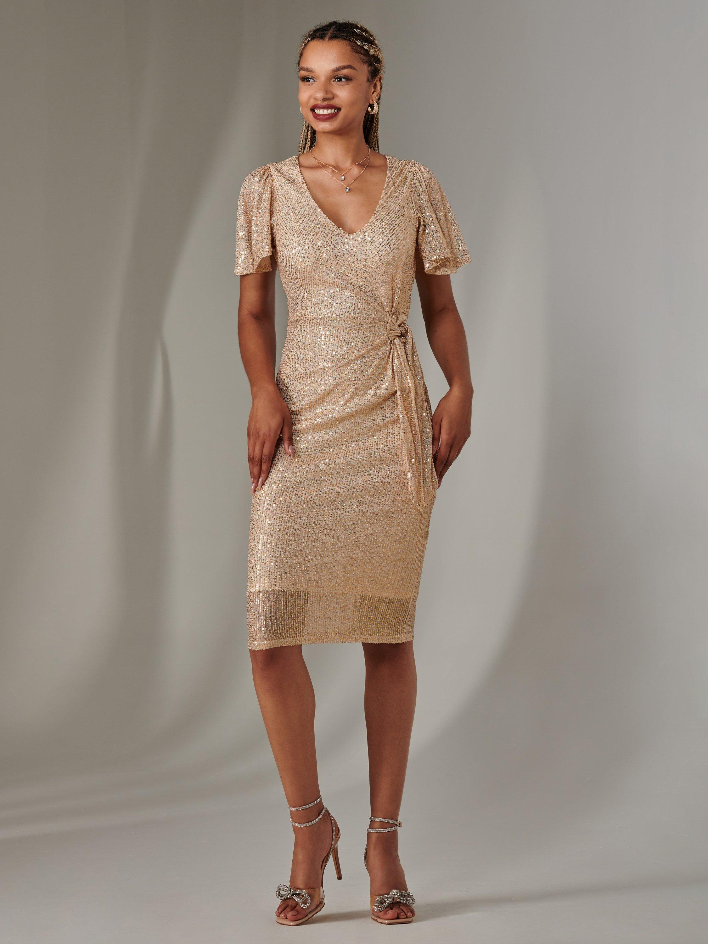 Product image 7 of 8, which shows Jolie Moi Side Tie Sequin Dress, Gold, 8