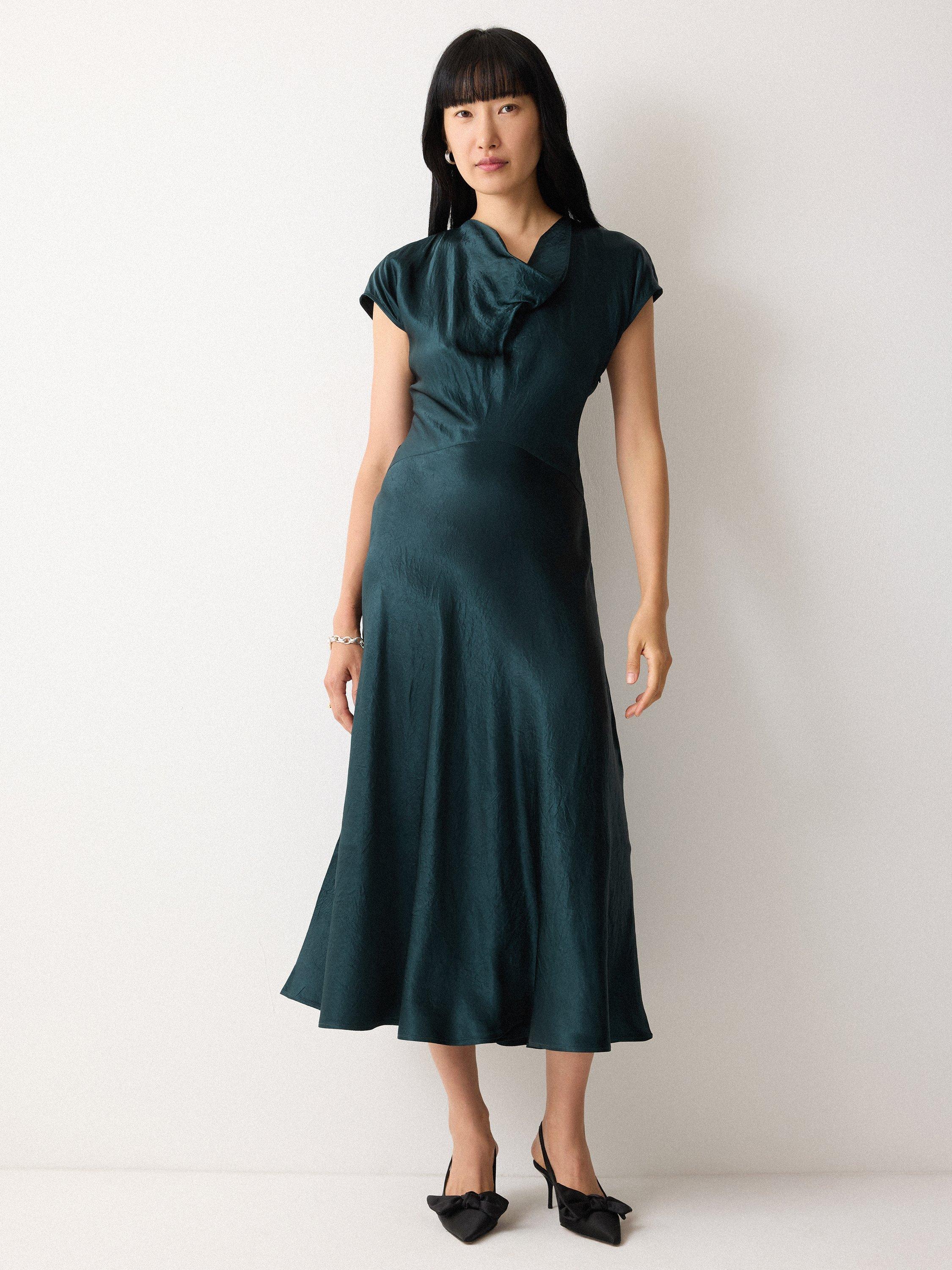 slim fit dress slacks Dark Green Prom Cowl Neck Straps Cross Zip Back Floor Length Stretch Satin  Prom Dress