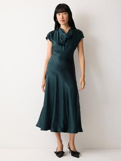 Jigsaw Textured Cowl Neck Satin Dress, Dark Green