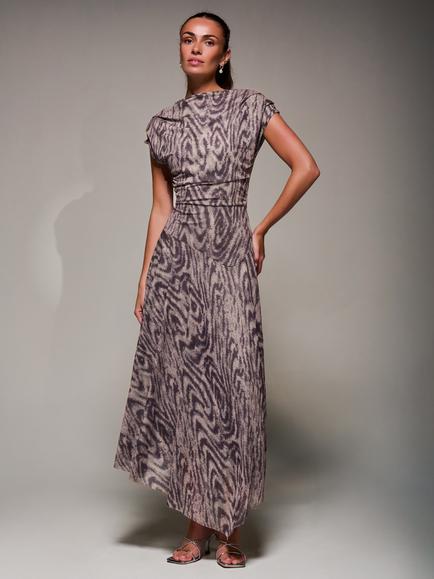 Jolie Moi Asymmetric Draped Slash Neck Midaxi Dress, Purple Abstract, Purple Abstract