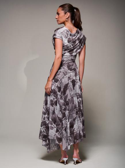 Jolie Moi Asymmetric Draped Slash Neck Midaxi Dress, Grey Abstract - view 2, Grey Abstract