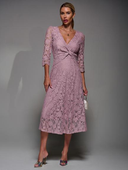 Jolie Moi Lace Detail Long Sleeve Midi Dress, Mauve Pink, Mauve Pink