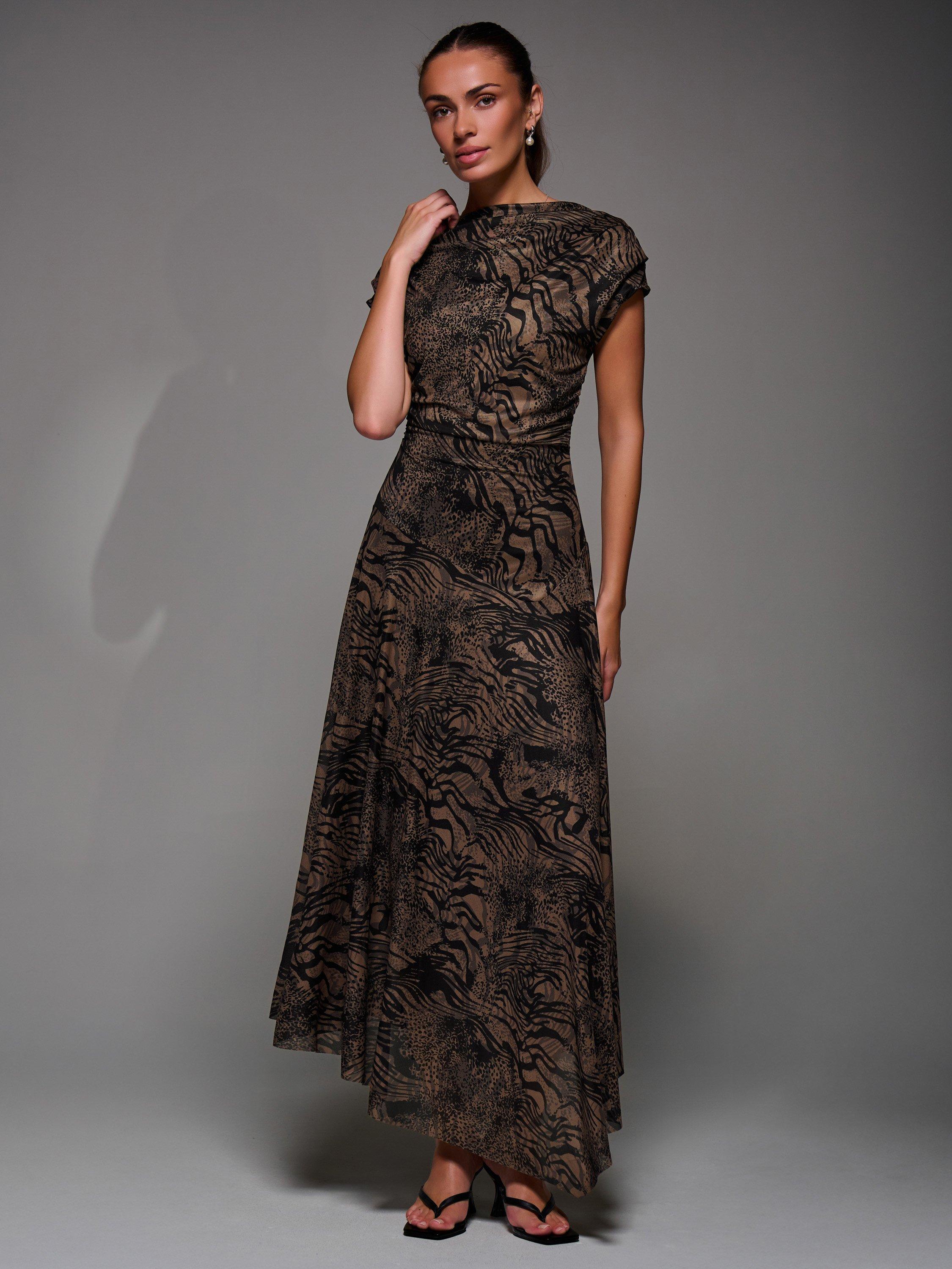 Jolie Moi Asymmetric Draped Slash Neck Midaxi Dress, Brown Animal