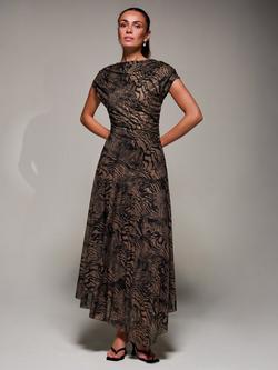 Jolie Moi Asymmetric Draped Slash Neck Midaxi Dress, Brown Animal, Brown Animal