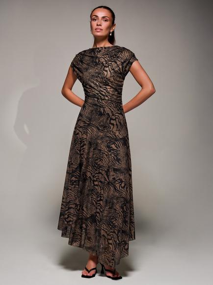 Jolie Moi Asymmetric Draped Slash Neck Midaxi Dress, Brown Animal, Brown Animal
