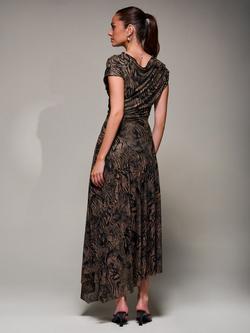 Jolie Moi Asymmetric Draped Slash Neck Midaxi Dress, Brown Animal - view 2, Brown Animal