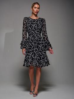 Jolie Moi Long Sleeve Chiffon Dress, Black Pattern, Black Pattern