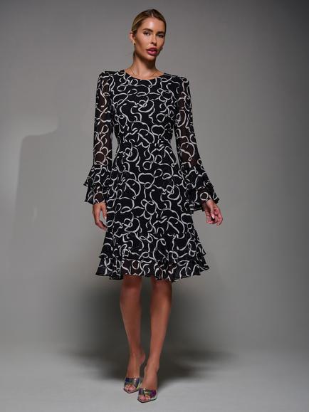 Jolie Moi Long Sleeve Chiffon Dress, Black Pattern, Black Pattern
