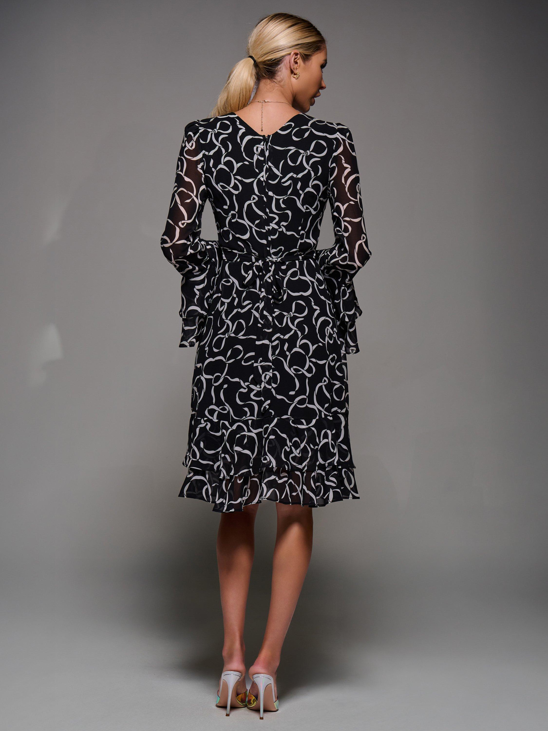 Product image 2 of 7, which shows Jolie Moi Long Sleeve Chiffon Dress, Black Pattern, 8