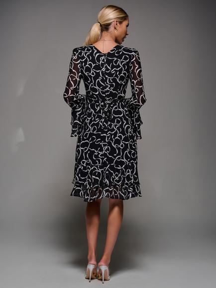 Jolie Moi Long Sleeve Chiffon Dress, Black Pattern - view 2, Black Pattern