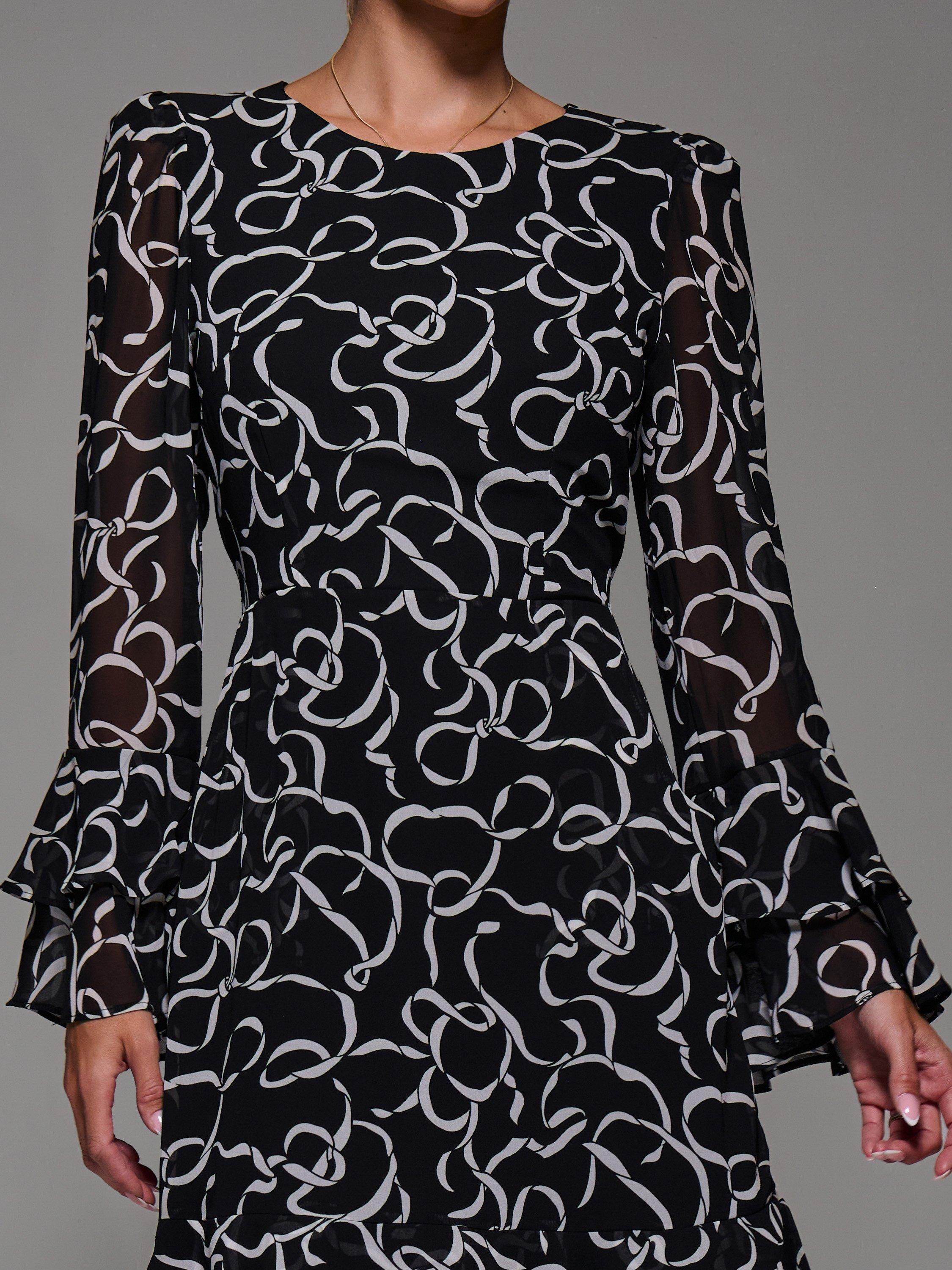 Product image 4 of 7, which shows Jolie Moi Long Sleeve Chiffon Dress, Black Pattern, 8