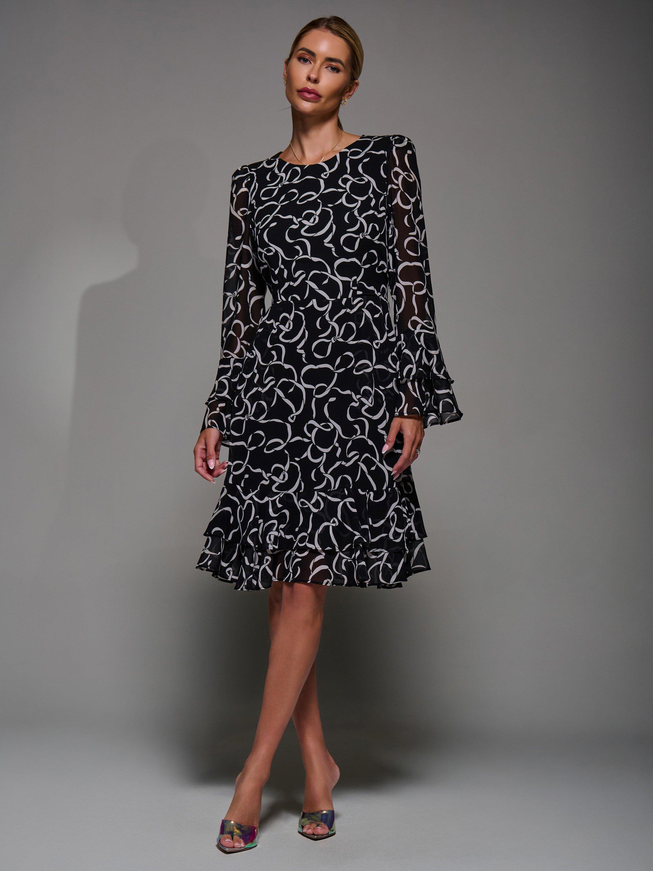 Product image 6 of 7, which shows Jolie Moi Long Sleeve Chiffon Dress, Black Pattern, 8