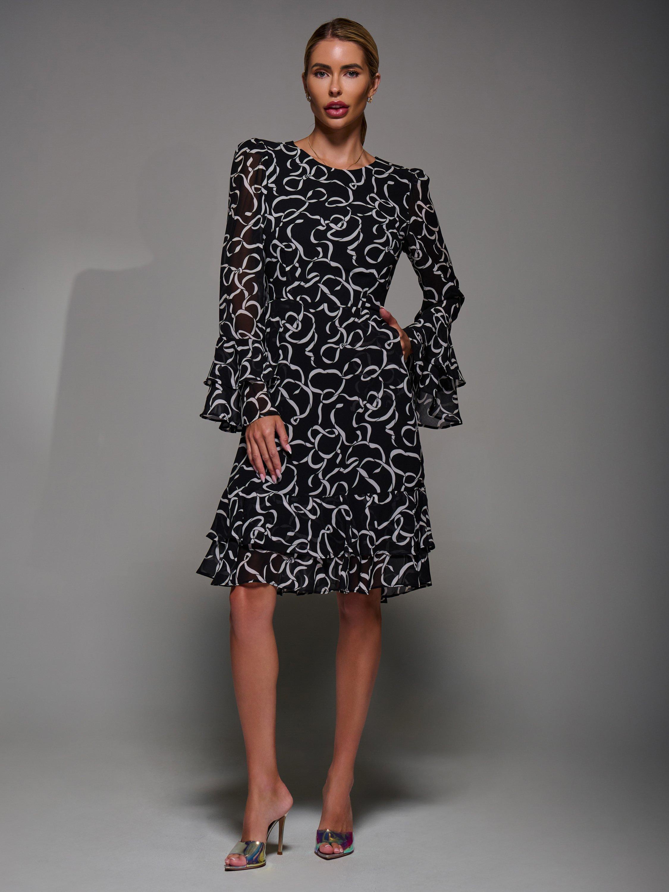 Product image 7 of 7, which shows Jolie Moi Long Sleeve Chiffon Dress, Black Pattern, 8