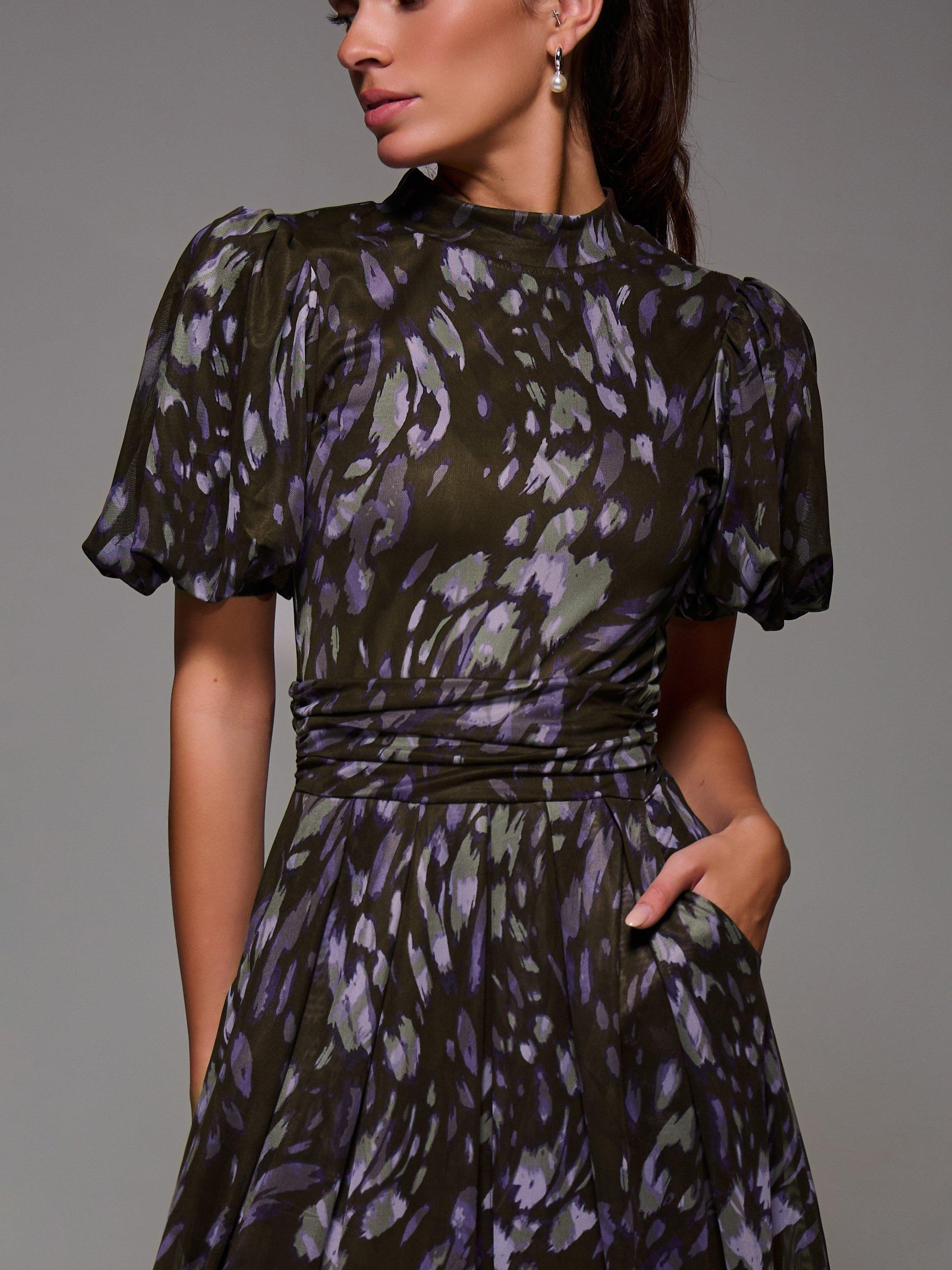 Product image 4 of 7, which shows Jolie Moi Puffy Sleeve Mesh Dress, Purple, 8