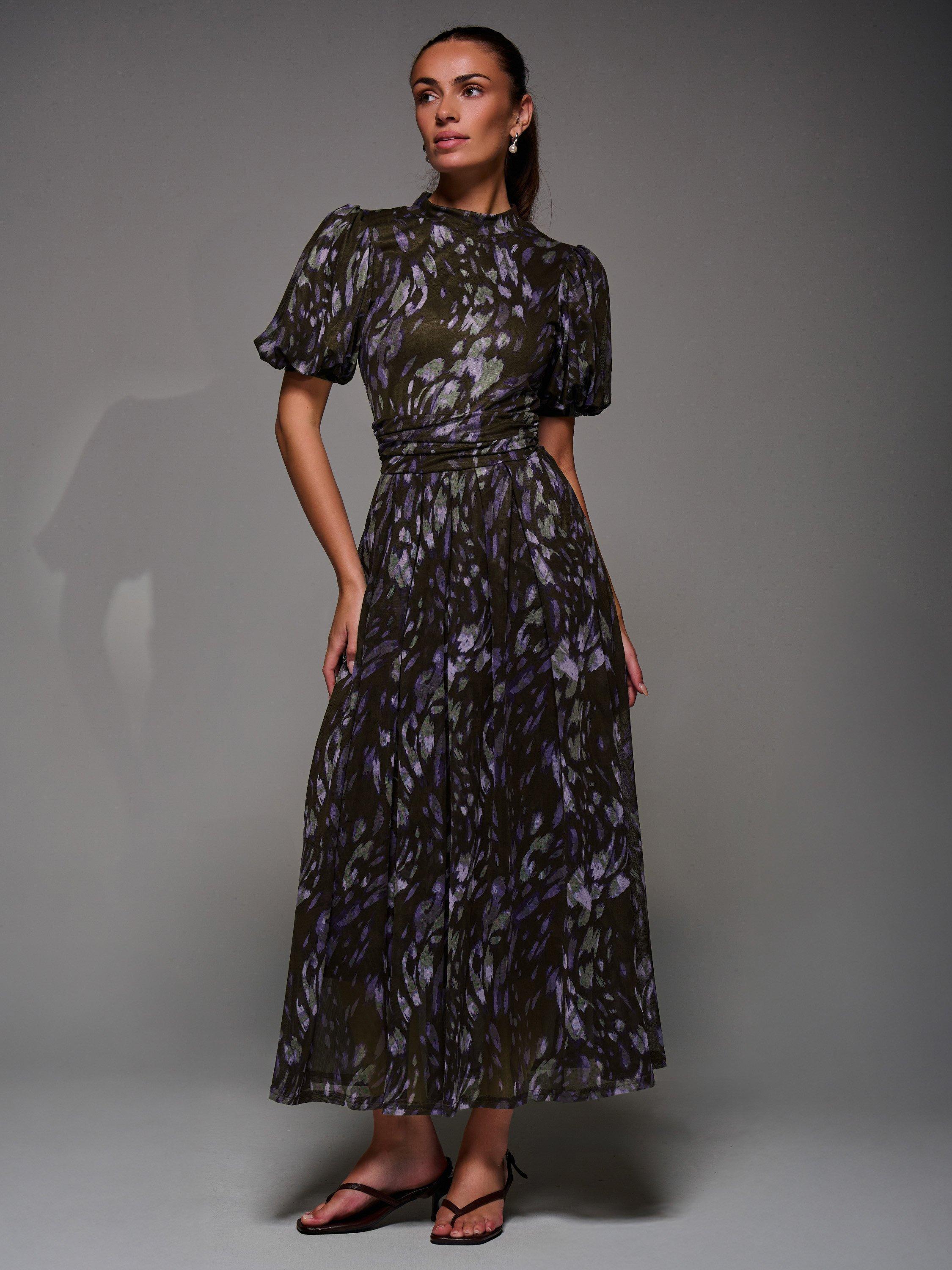 Product image 5 of 7, which shows Jolie Moi Puffy Sleeve Mesh Dress, Purple, 8