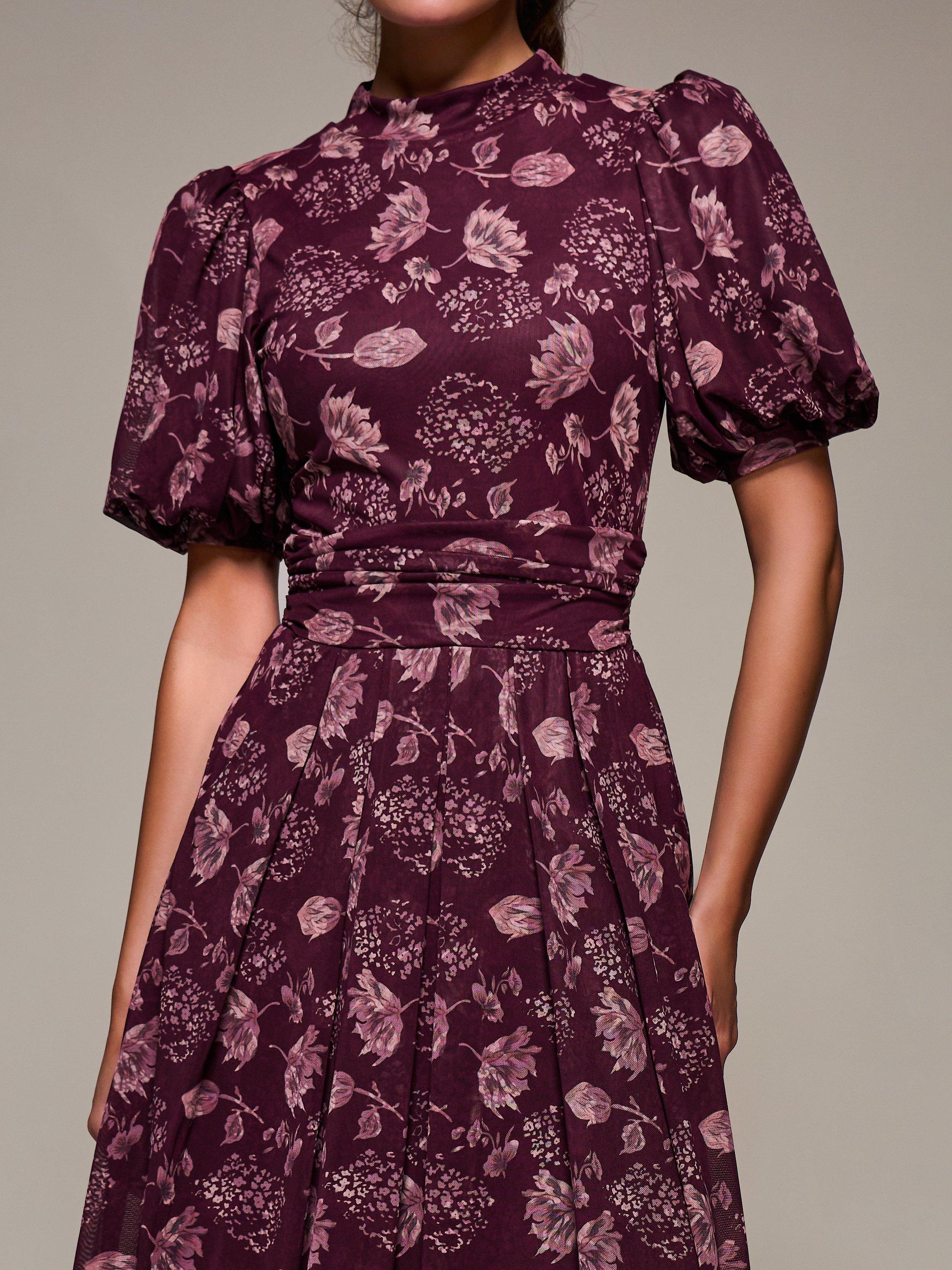 Jolie Moi Puffy Sleeve Mesh Dress, Burgundy