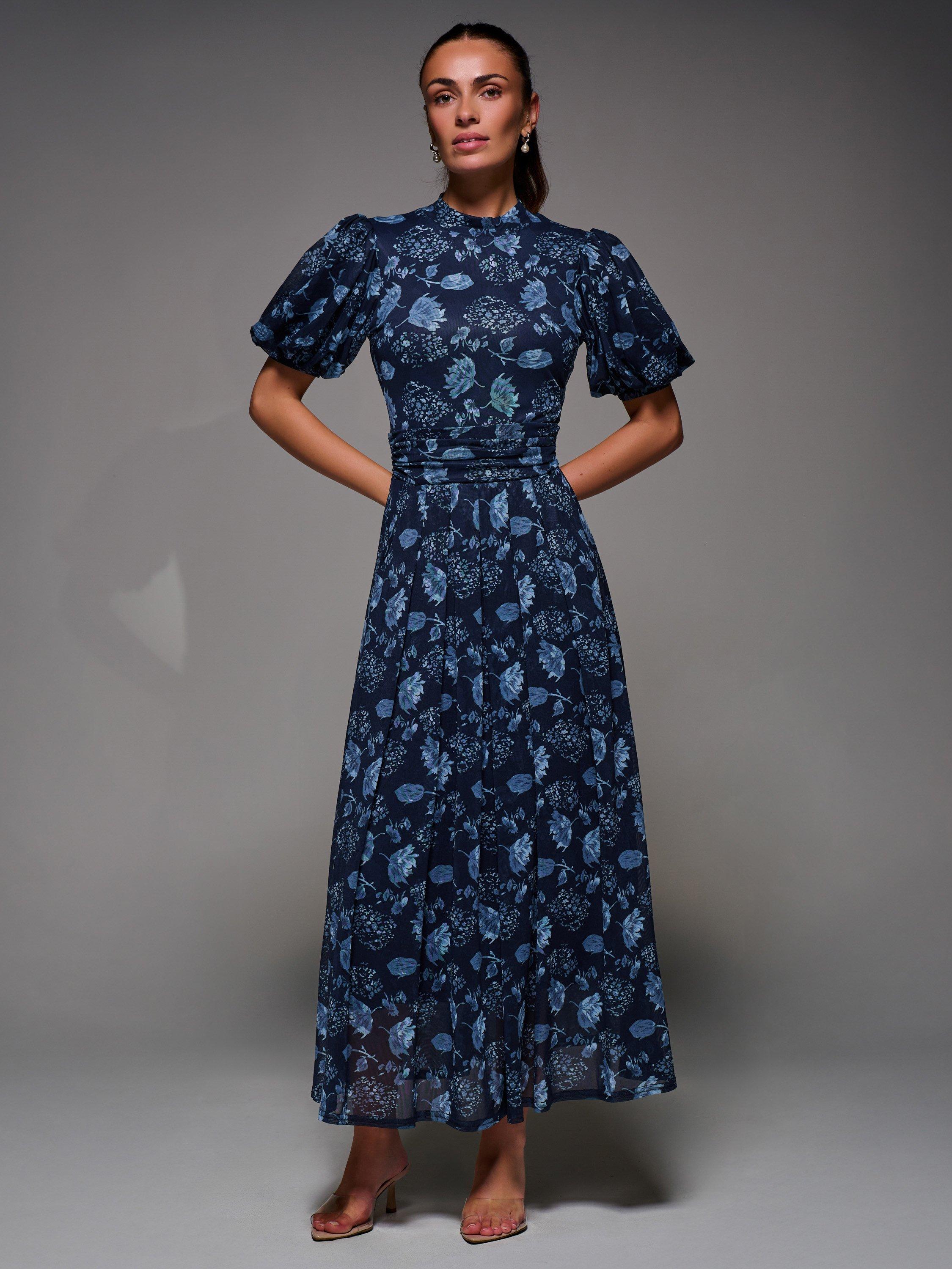 Product image 1 of 7, which shows Jolie Moi Puffy Sleeve Mesh Dress, Navy, 8