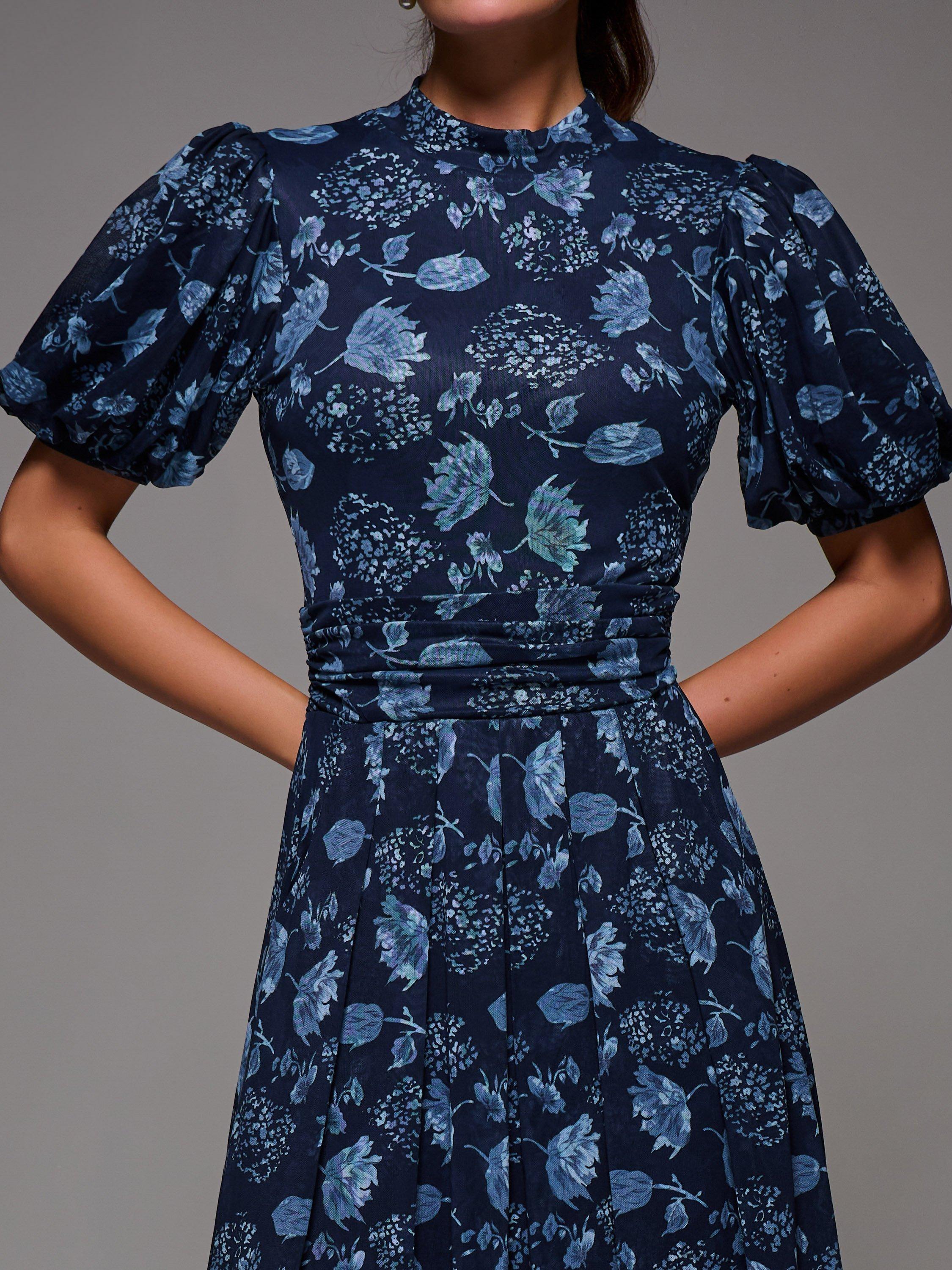 Product image 4 of 7, which shows Jolie Moi Puffy Sleeve Mesh Dress, Navy, 8