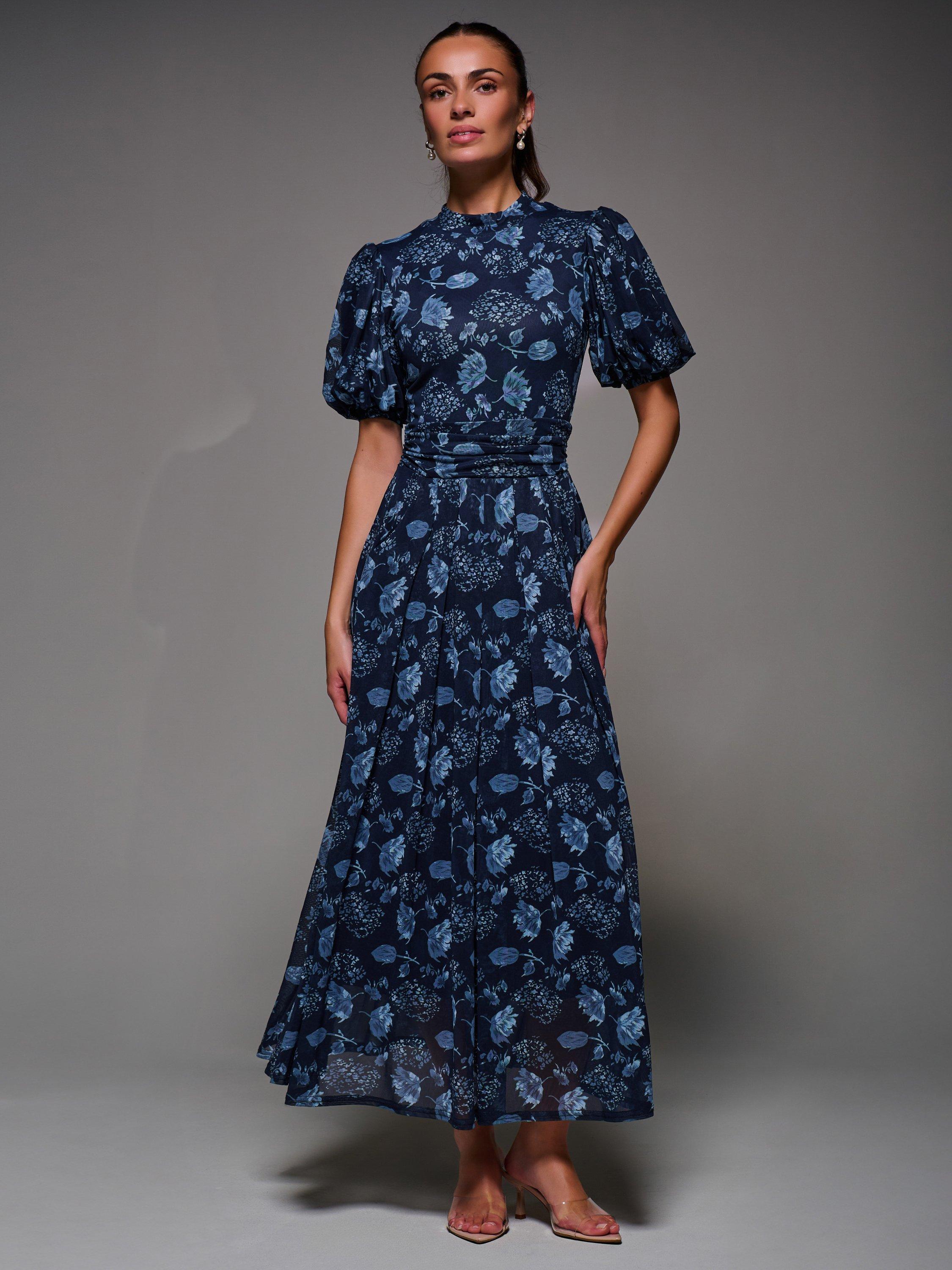 Product image 5 of 7, which shows Jolie Moi Puffy Sleeve Mesh Dress, Navy, 8