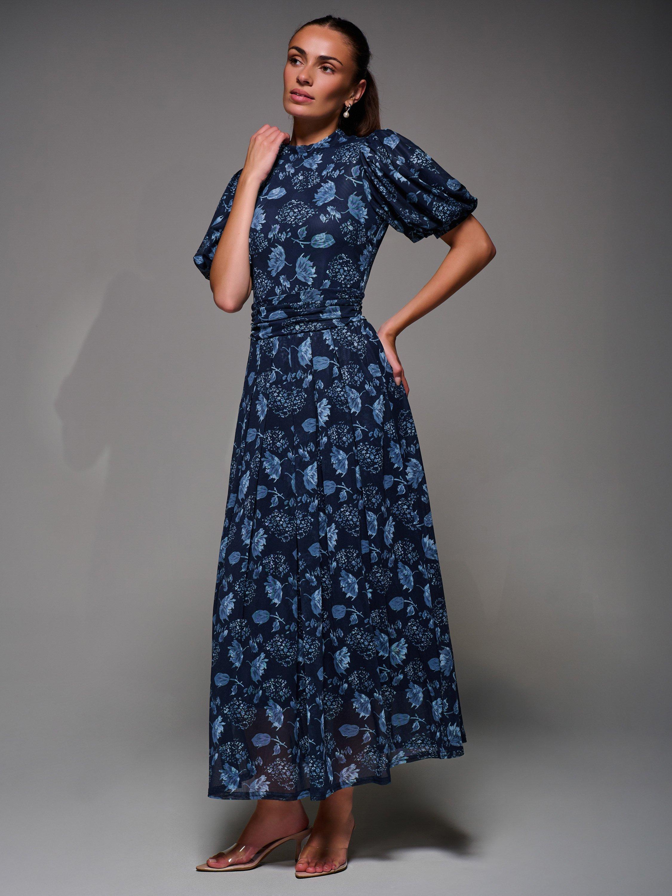 Product image 6 of 7, which shows Jolie Moi Puffy Sleeve Mesh Dress, Navy, 8