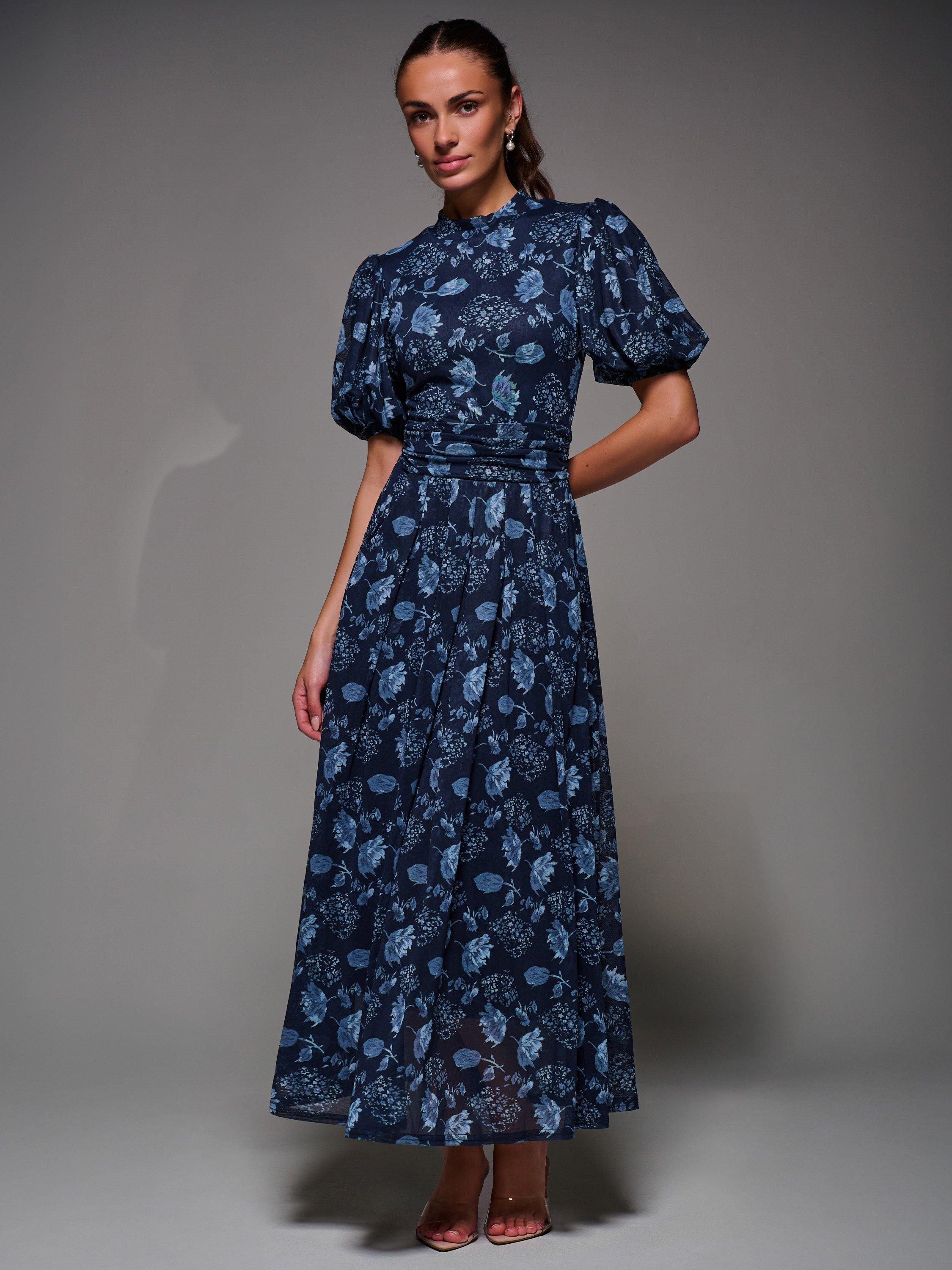 Product image 7 of 7, which shows Jolie Moi Puffy Sleeve Mesh Dress, Navy, 8