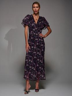 Jolie Moi V-Neck Frill Sleeve Chiffon Midaxi Dress, Purple