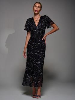 Jolie Moi V-Neck Frill Sleeve Chiffon Midaxi Dress, Black Gloss