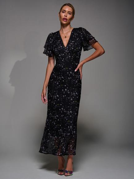 Jolie Moi V-Neck Frill Sleeve Chiffon Midaxi Dress, Black Gloss