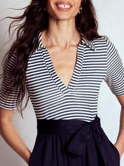 Boden Stripe Split Collar Detail Dress, Navy/Ivory - view 2, Navy/Ivory