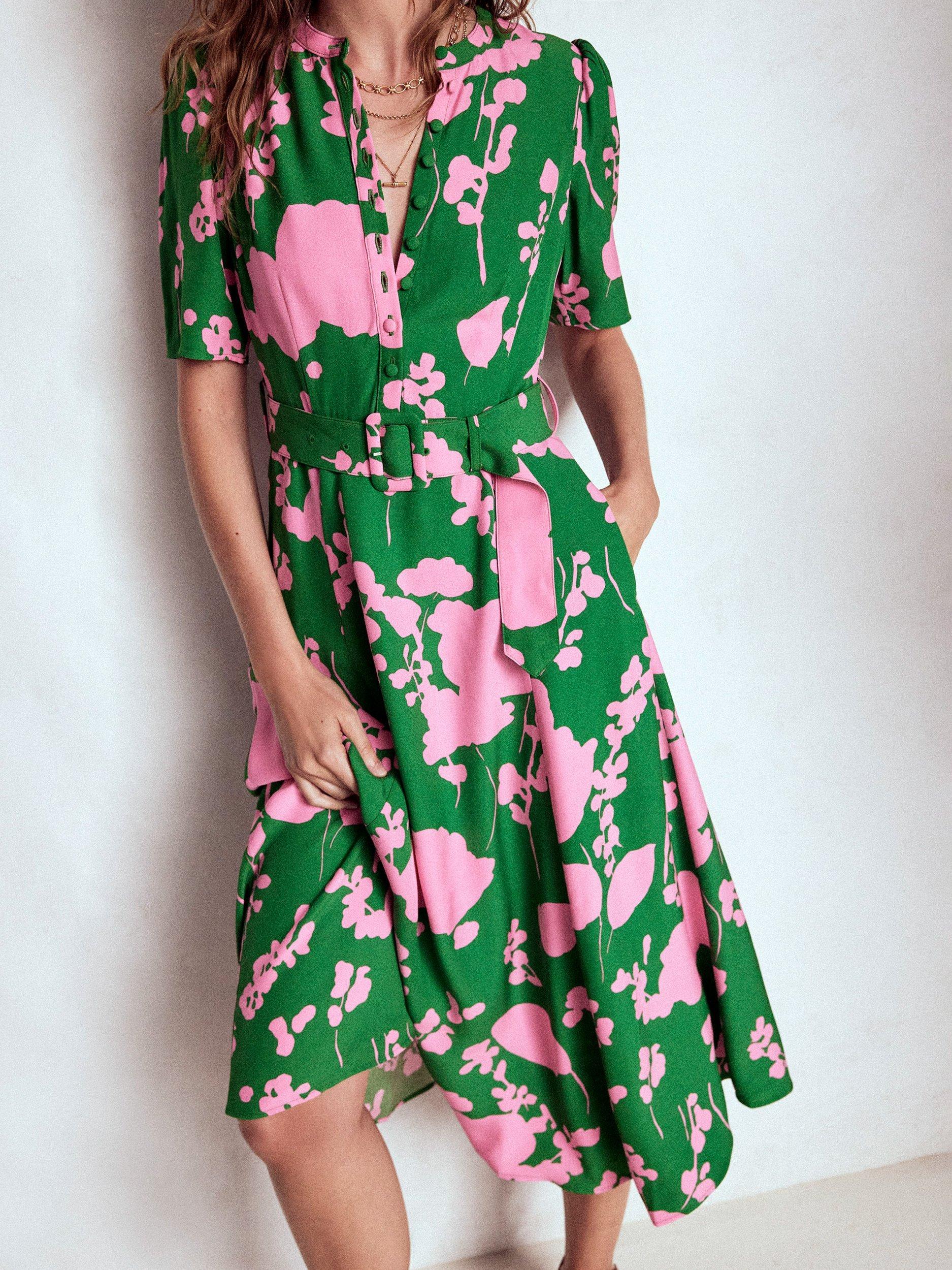 Product image 5 of 6, which shows Boden Kate Floral Belted Dress, Green/Multi, 8